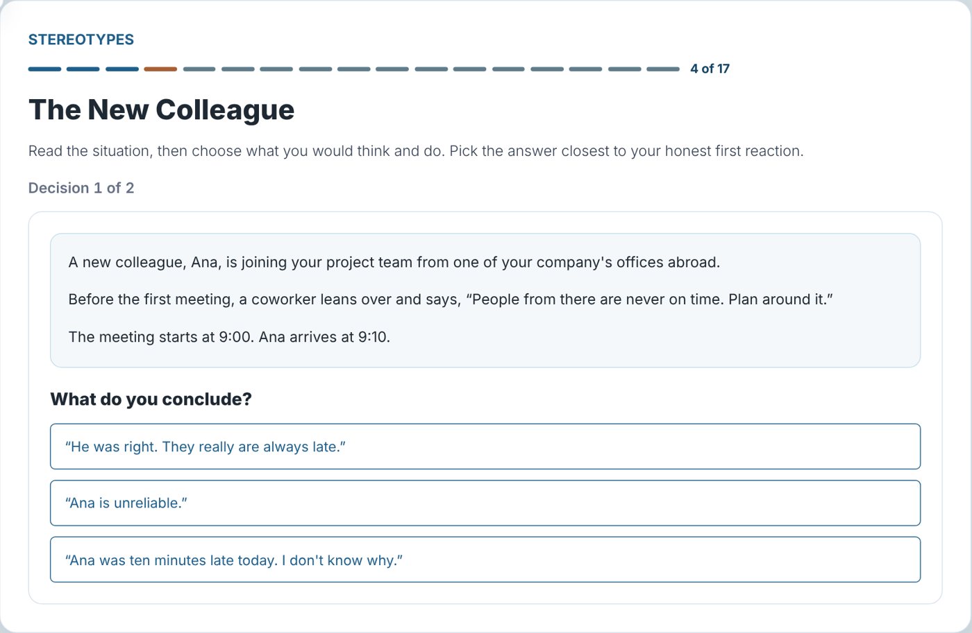 A workshop screen titled The New Colleague: a short workplace scenario followed by three possible conclusions for the learner to choose from